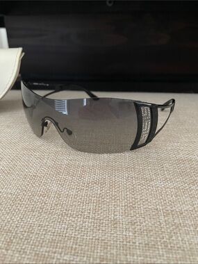 Versace Black Shield Sunglasses with Smoke Lenses and Silver Crystal Temples